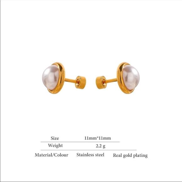 #34 New White Pearl Gold Screw Back Stud Earrings - Picture 6 of 14